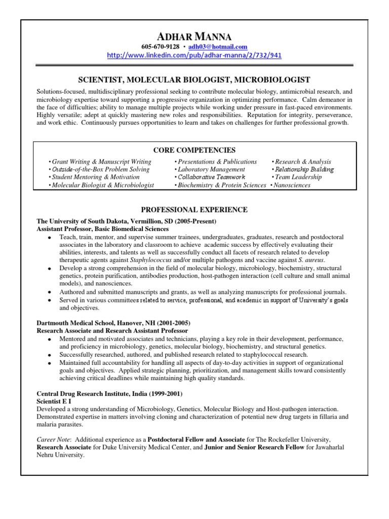 Microbiologist Resume of Adhar Manna | PDF | Fellow | Postgraduate ...