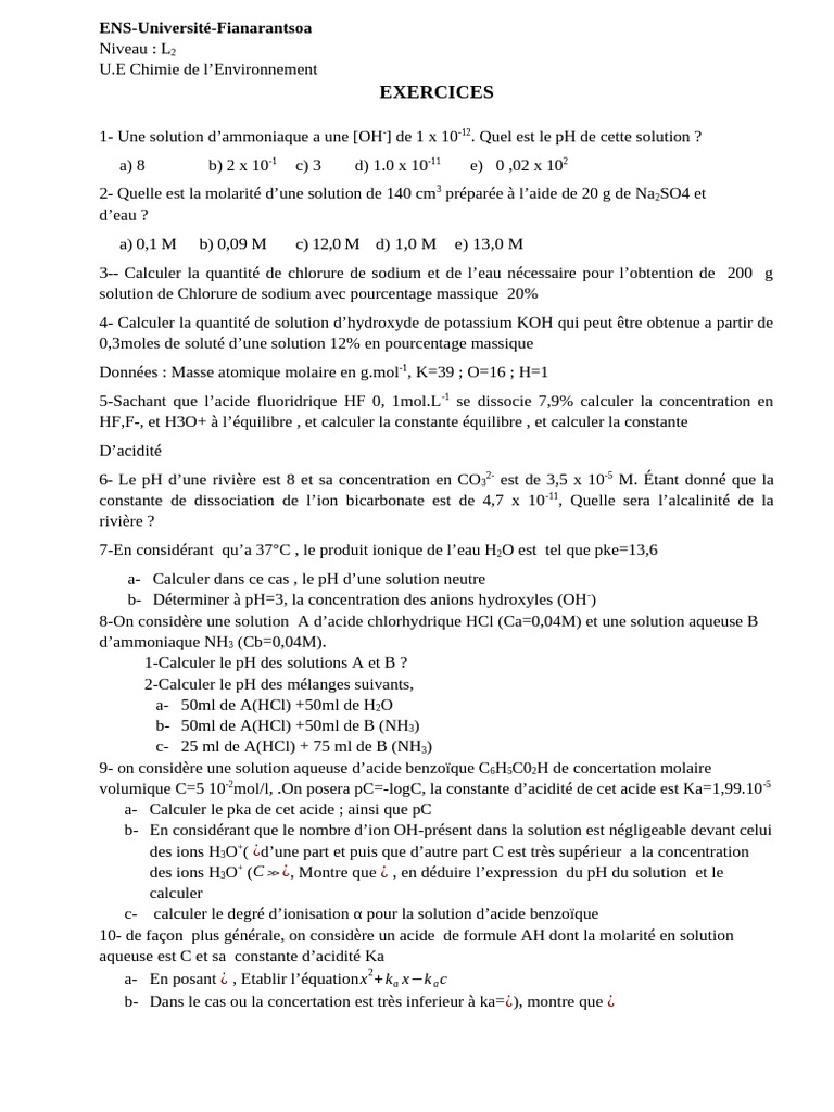 Exercices de Chimie de l’Environnement | PDF | Ph | Dissociation (chimie)