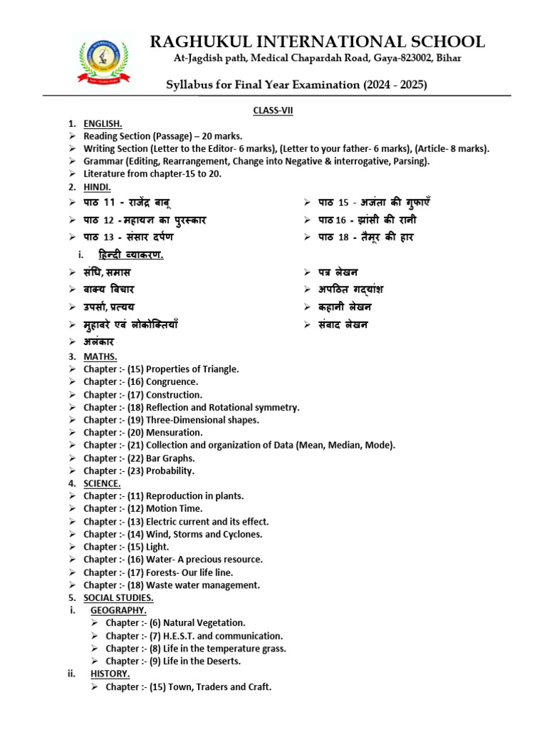 Class VII Final Exam Syllabus 2024-25 | PDF