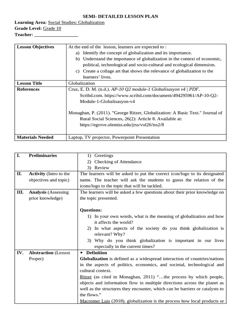 Grade 10 Globalization Lesson Plan | PDF | Globalization ...