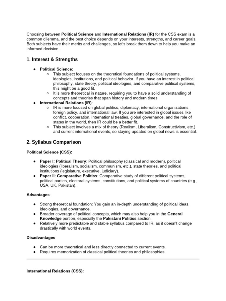 Political Science vs. International Relations for CSS | PDF ...