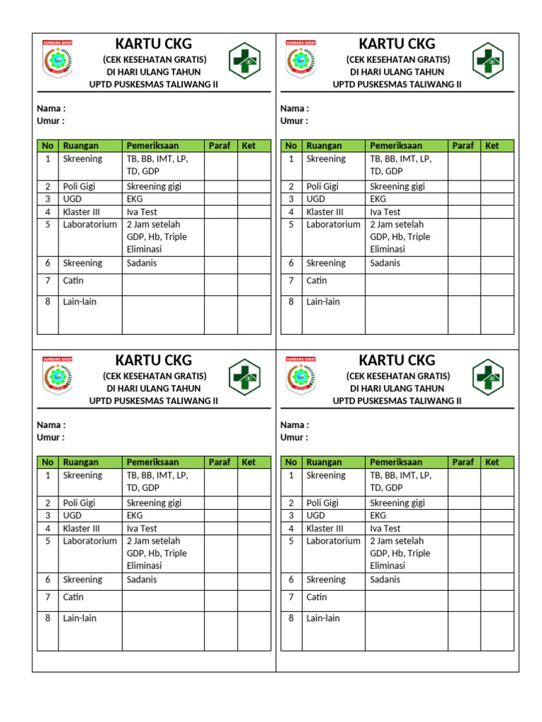 Kartu CKG untuk Pemeriksaan Kesehatan | PDF