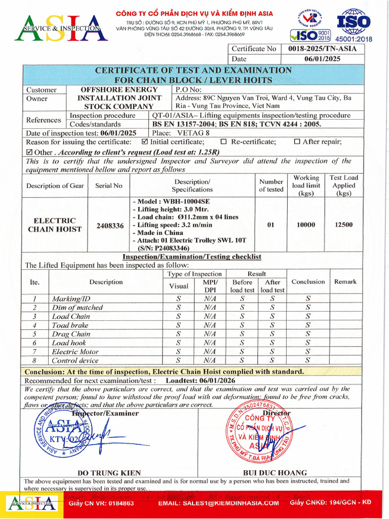 18.5 - LOAD TEST Vetag 8 - Electric Hoist Loadtest Certificate | PDF