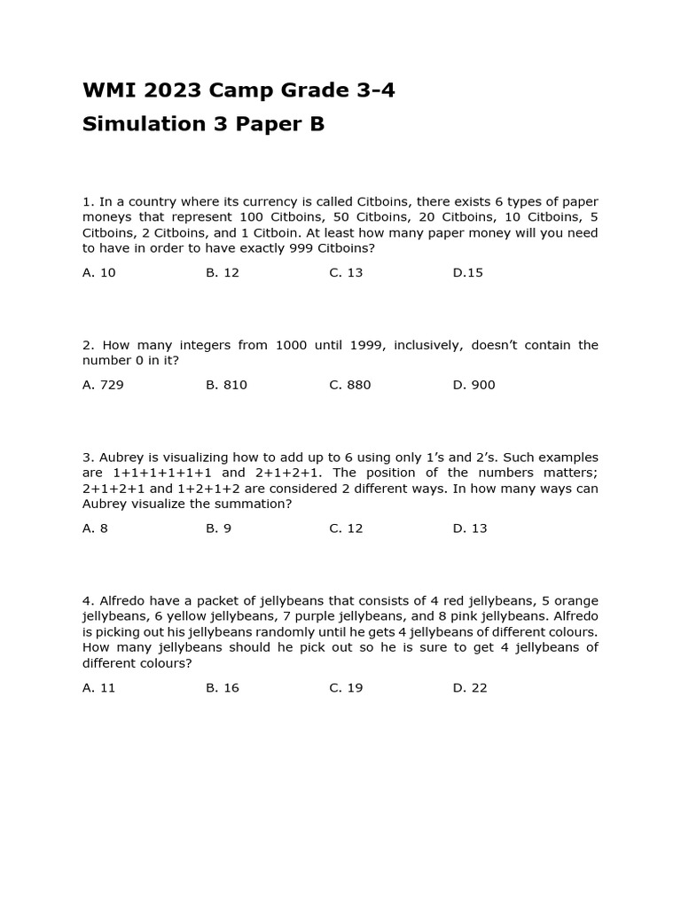 WMI 2023 Grade 3-4 Math Simulation | PDF
