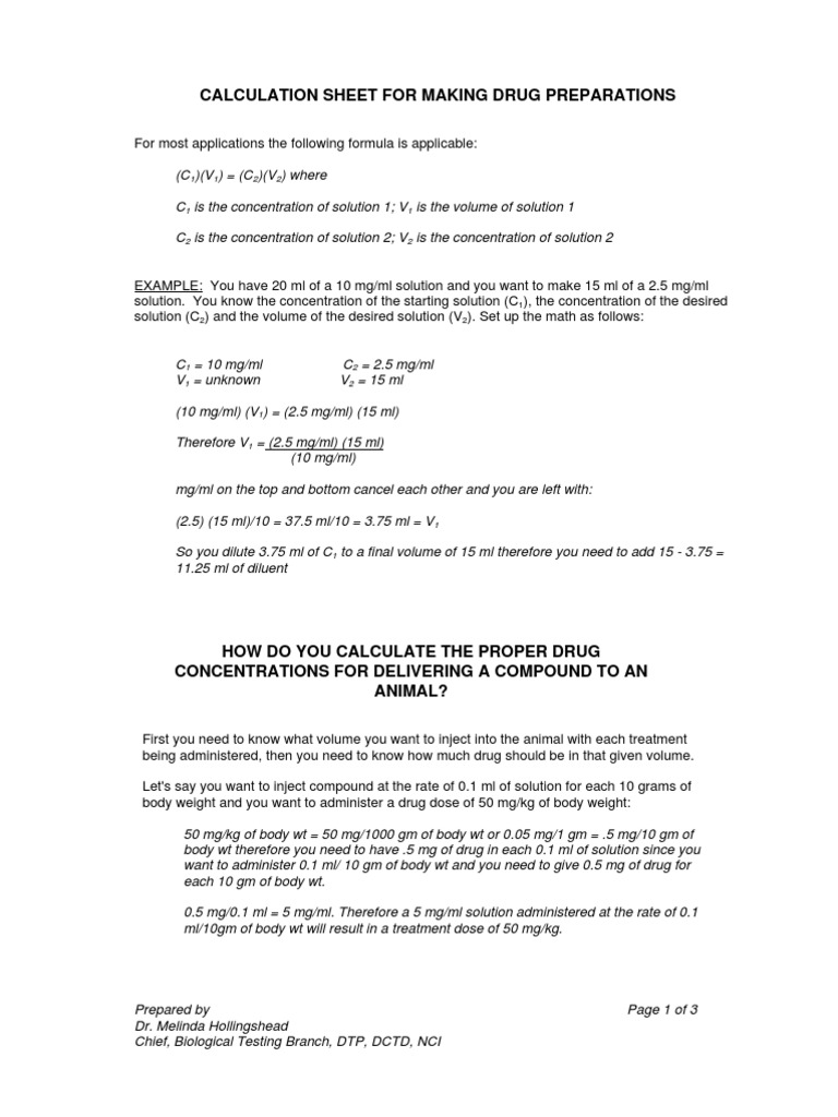 Drug Preparation Calculation Guide | PDF | National Cancer Institute ...