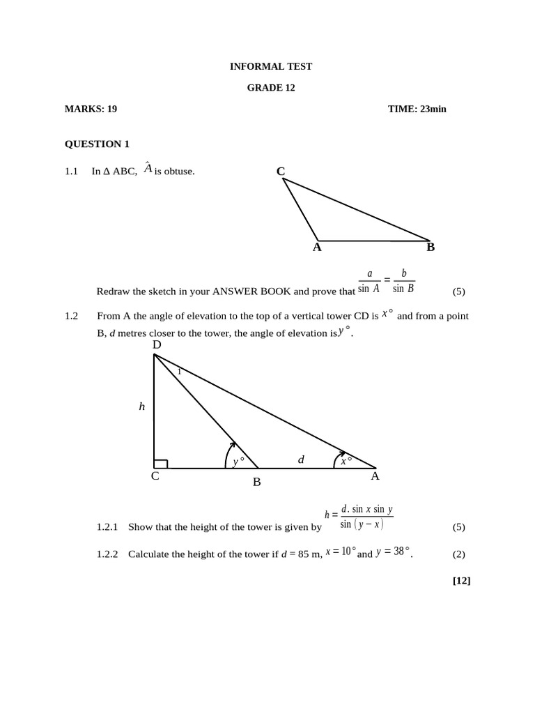 Trigonometry Test for Grade 12 | PDF | Trigonometric Functions ...