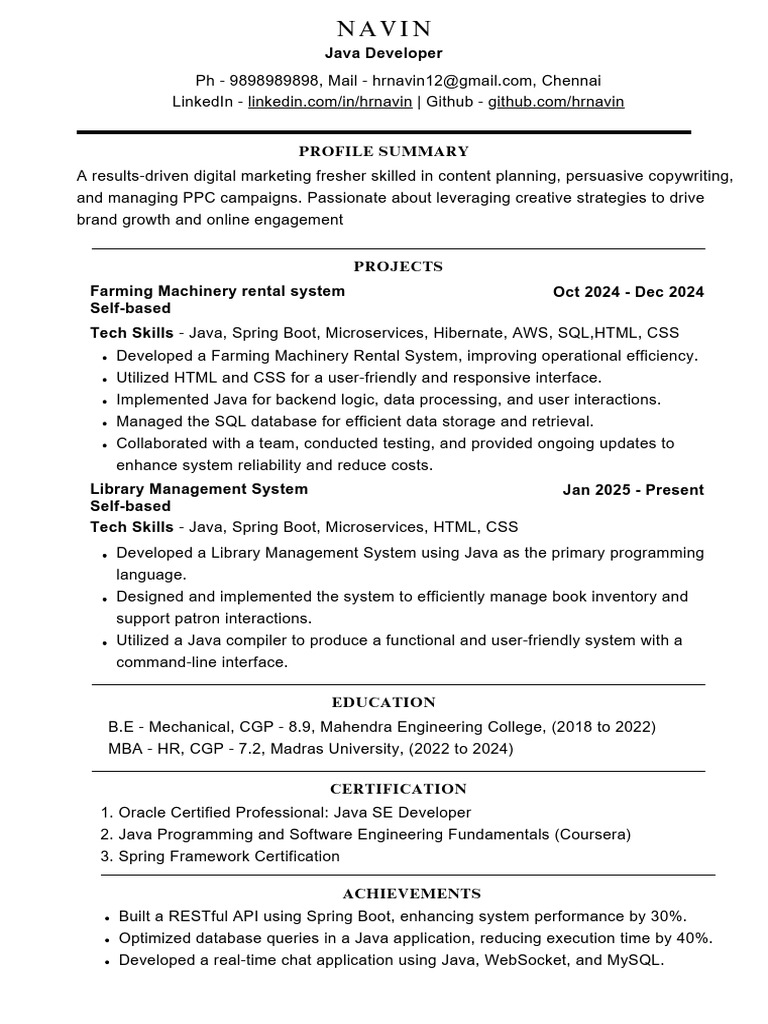 Java Developer Resume for Tech Roles | PDF