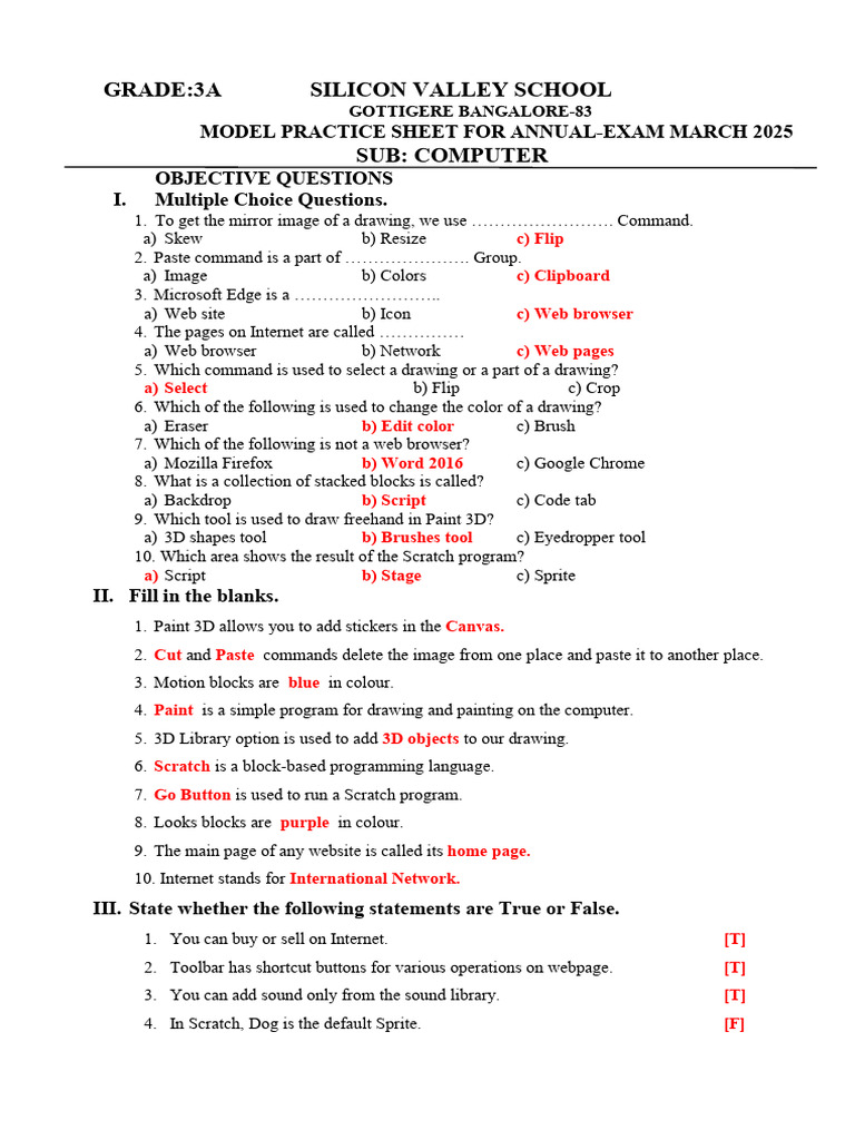Grade 3a Computer Annual Model Practice Sheet | PDF | Scratch ...