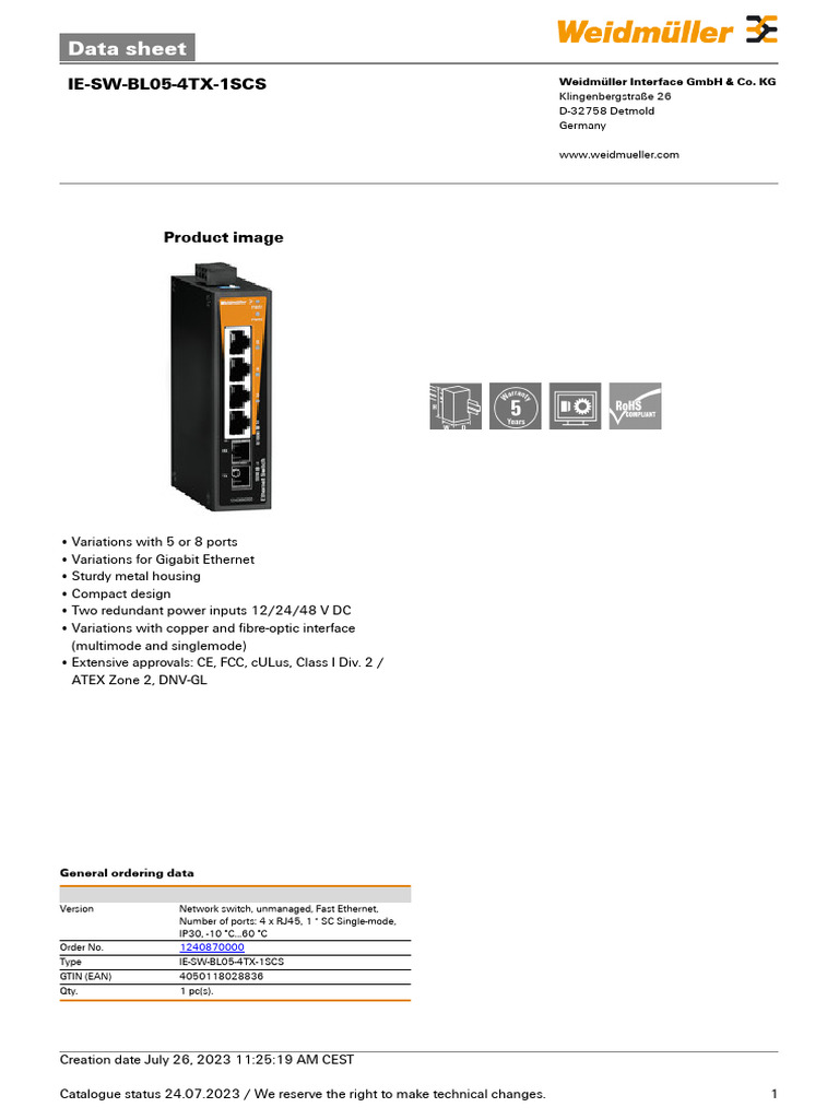 Weidmüller IE-SW-BL05 Data Sheet | PDF | Data Transmission | Physical ...
