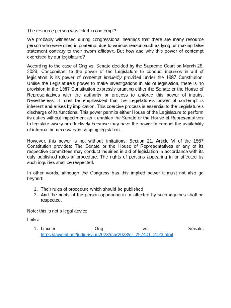 Understanding Legislative Contempt Power | PDF