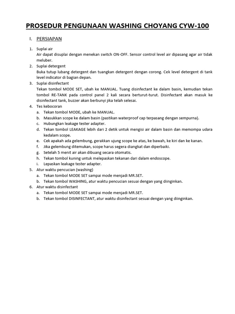 SOP WASHER ENDOSCOPY CHOYANG | PDF