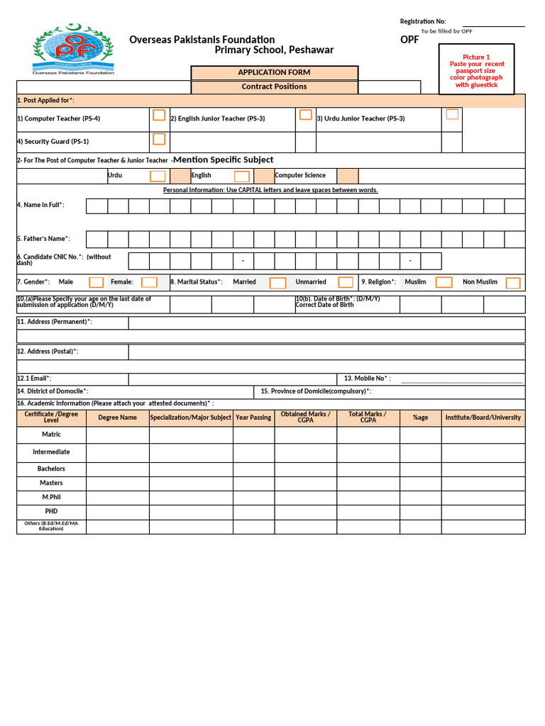 Applicaton Form OPF Peshawar School 1 | PDF