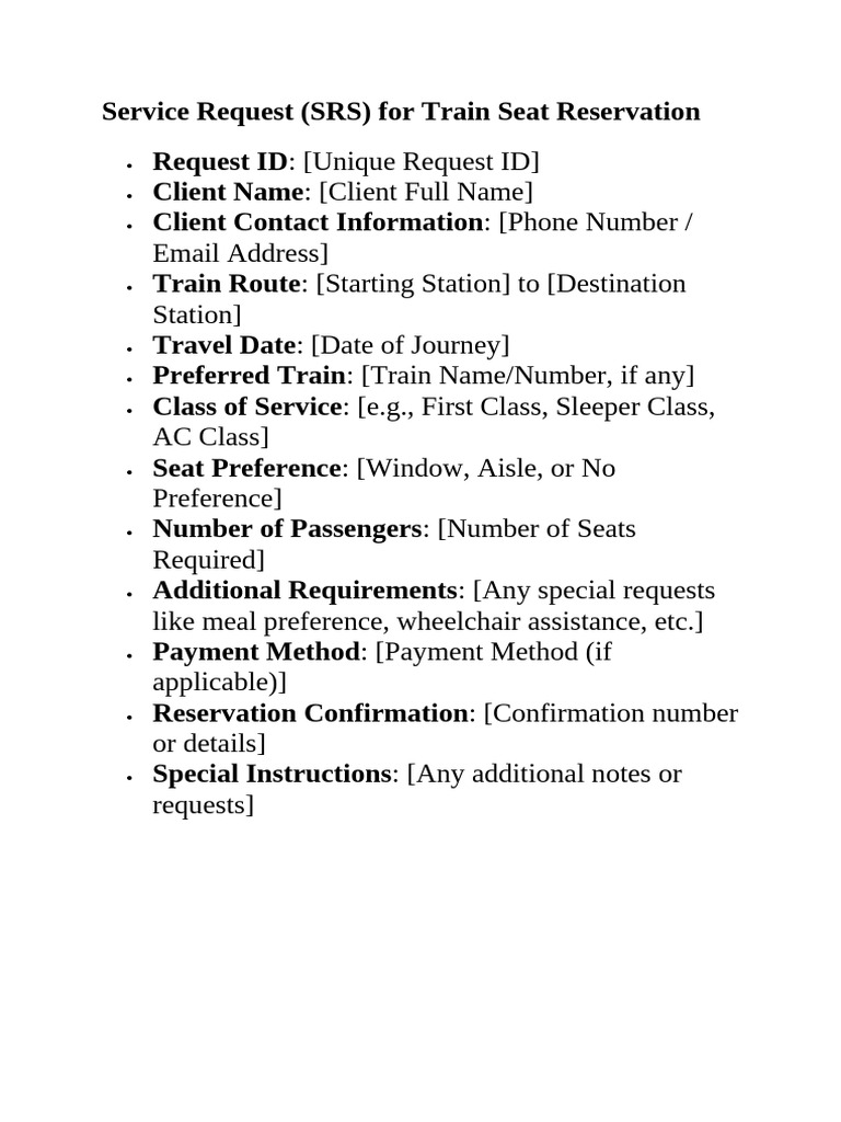 Train Seat Reservation Service Request | PDF