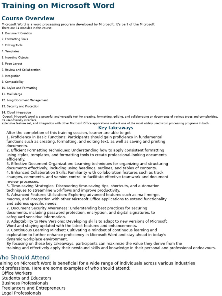 Microsoft Word Training Course Overview | PDF | Microsoft Word ...