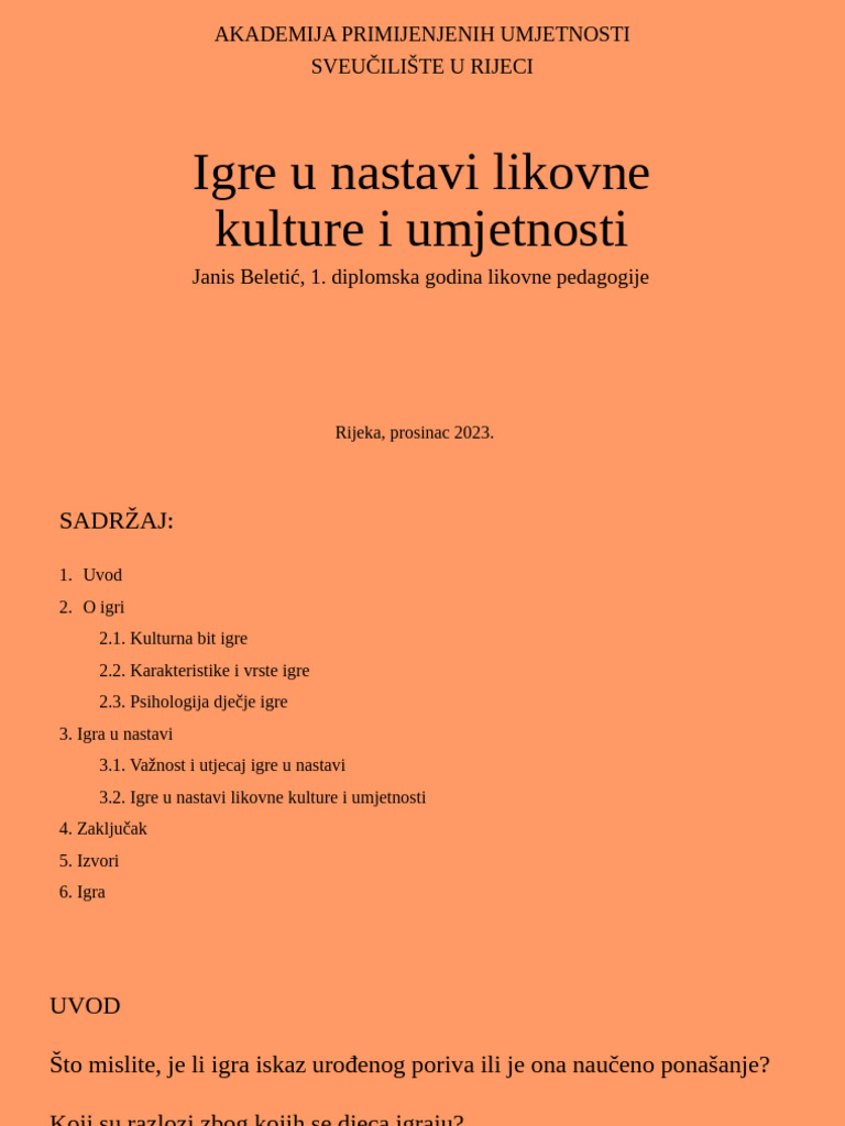 Igre U Nastavi Likovne Kulture | PDF