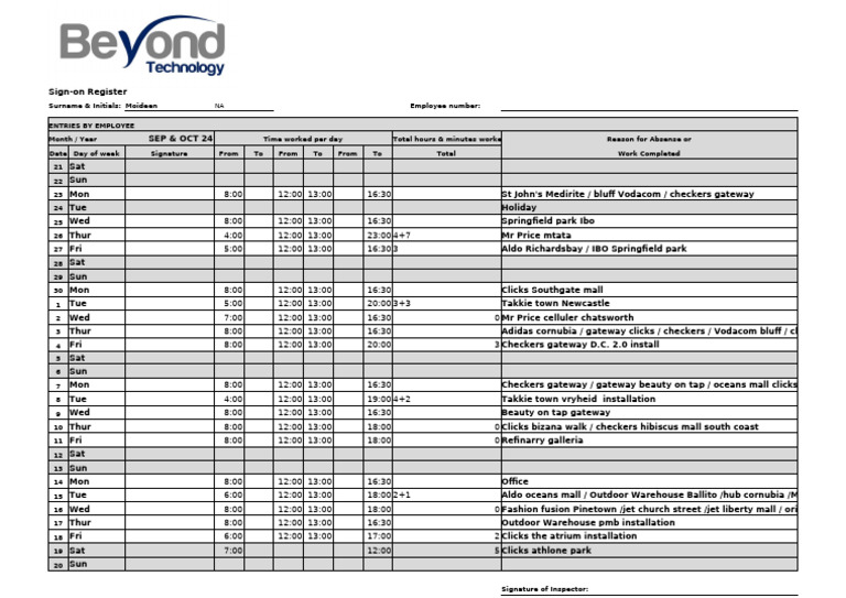 Employee Sign-on Register for Sept-Oct 2024 | PDF