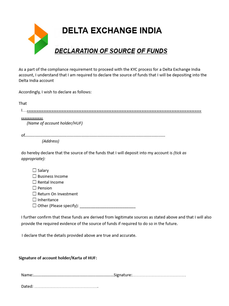 Source of Funds Declaration for Delta Exchange | PDF