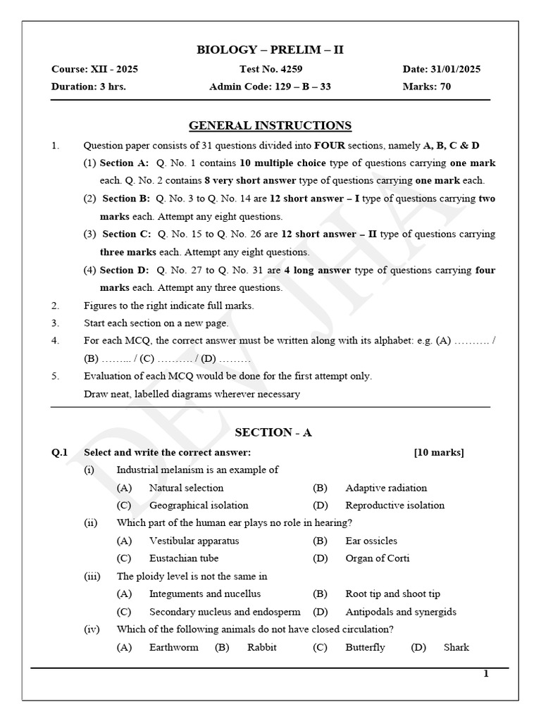 Biology XII Prelim II Exam Paper 2025 | PDF | Multiple Choice | Genetics