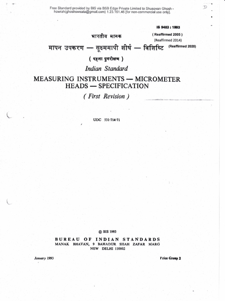 Micrometer Heads Specification IS 9483 | PDF