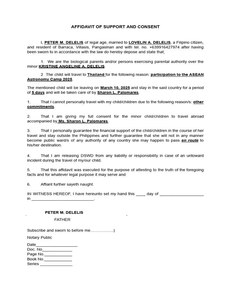 Peter DSWD PMB GF 001 Affidavit of Support and Consent | PDF