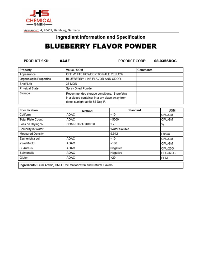 Blueberry Flavor Powder Specifications | PDF | Food Science