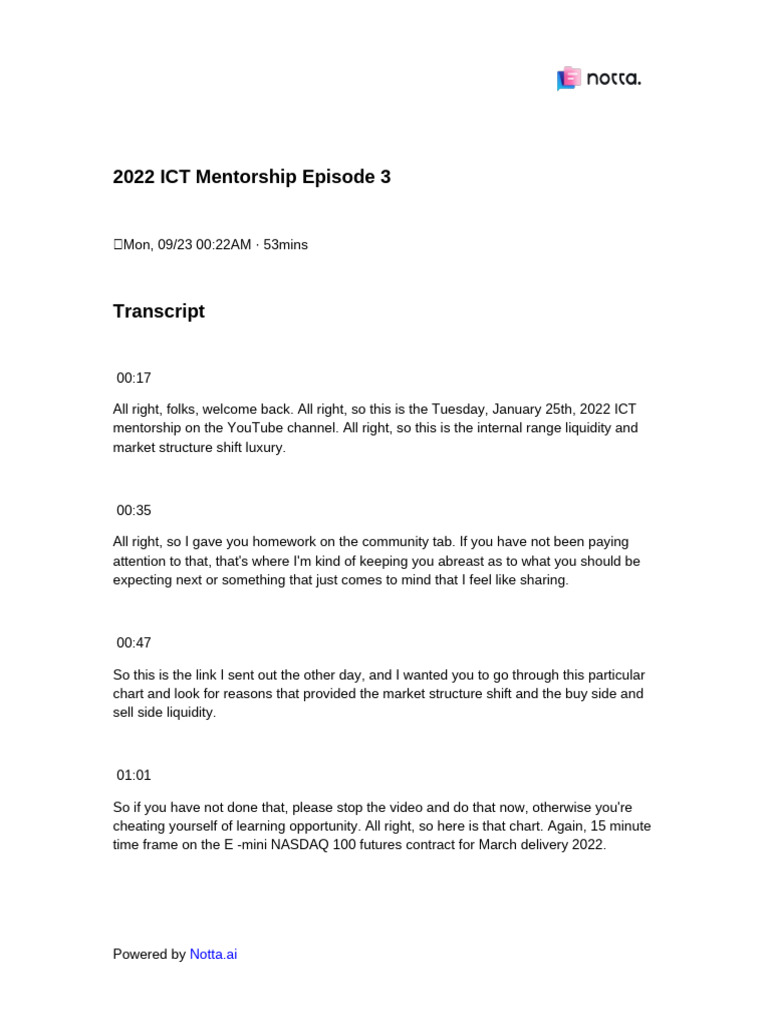 2022 ICT Mentorship Episode 3 | PDF | Prices | Market Liquidity
