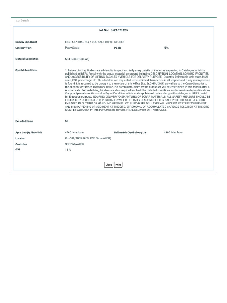 Ireps - Gov.in Eps Auction annonimousViewLot - Do | PDF