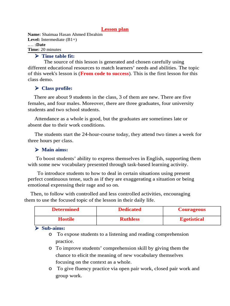 Intermediate English Lesson Plan: Code to Success | PDF | Vocabulary ...