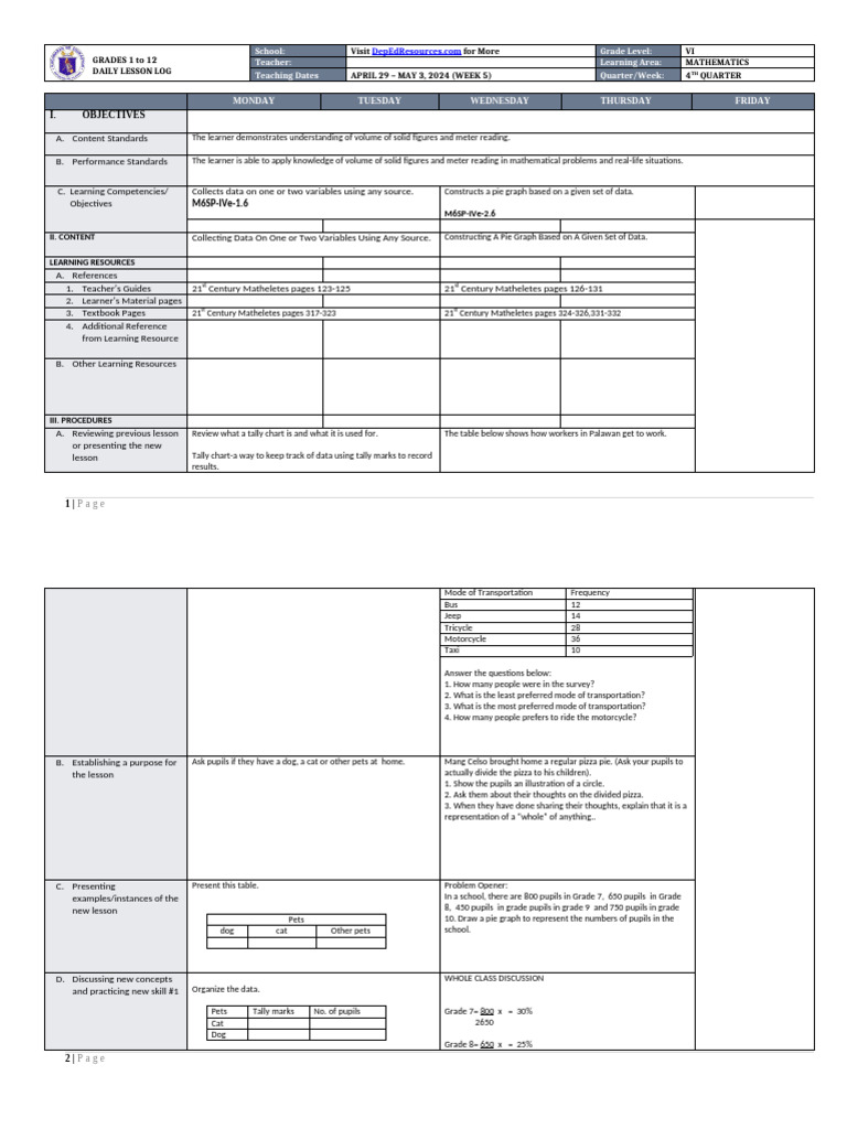 Grade 6 Math Daily Lesson Plan | PDF | Pet | Learning