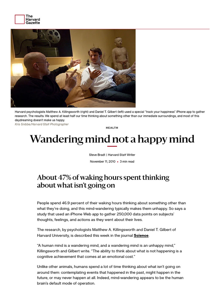 Mind-Wandering Linked to Unhappiness | PDF | Happiness | Mind Wandering