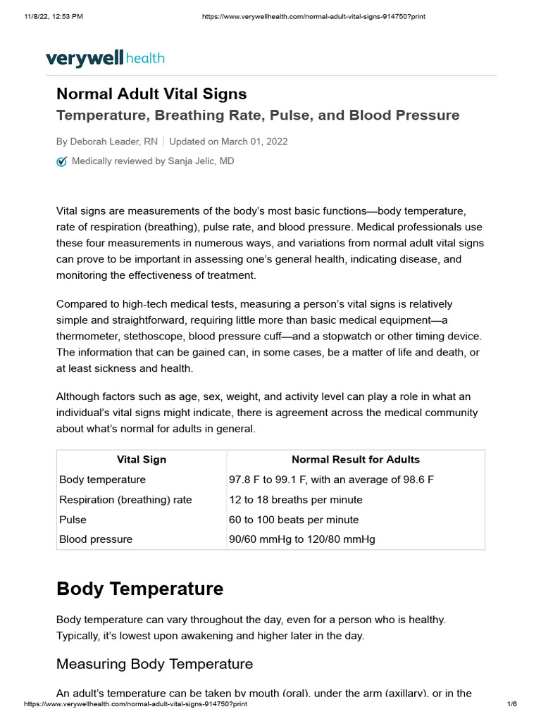 Normal Adult Vital Signs 914750 | PDF | Blood Pressure | Heart