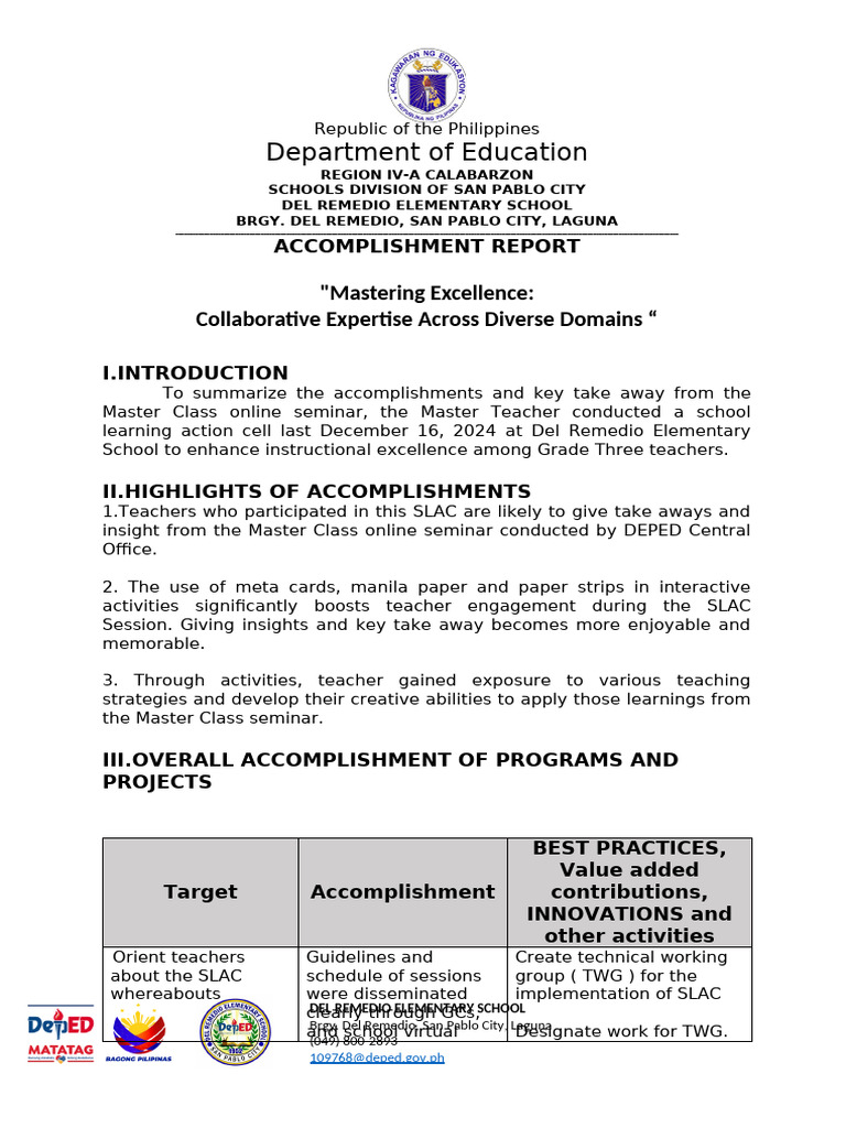 Del Remedio Elementary SLAC Report | PDF | Teachers | Human Communication