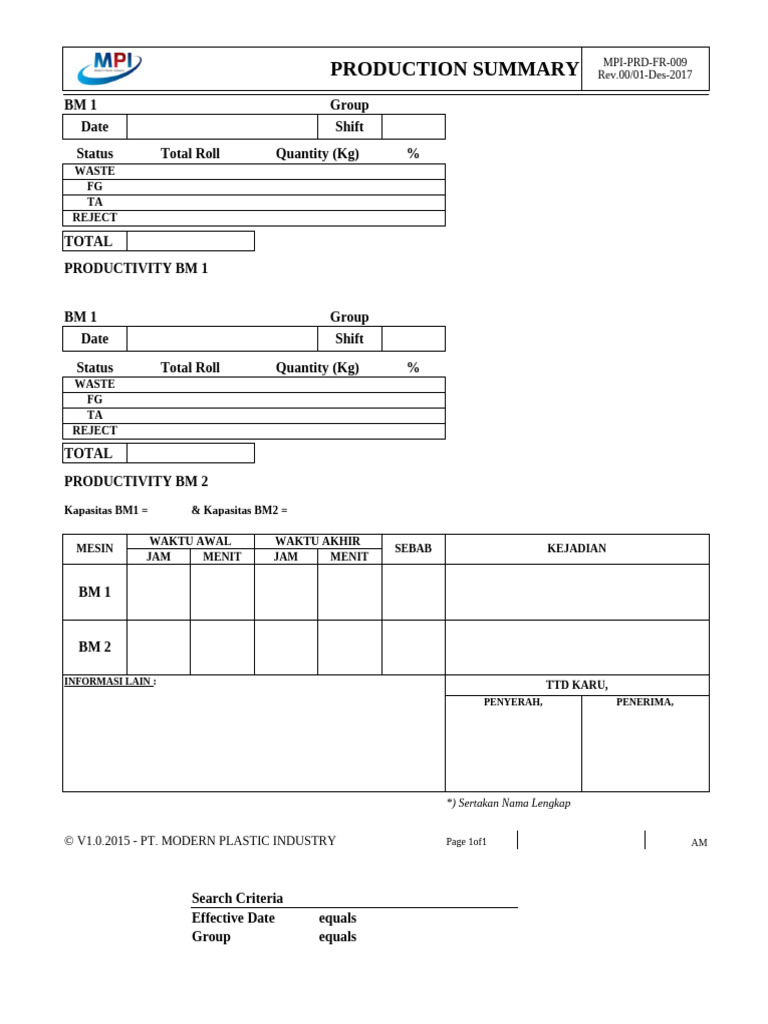 Mpi PRD FR 009 Production Summary | PDF