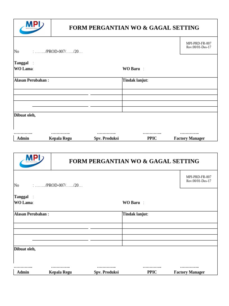 Mpi-Prd-Fr-007 Form Pergantian Wo & Gagal Setting | PDF