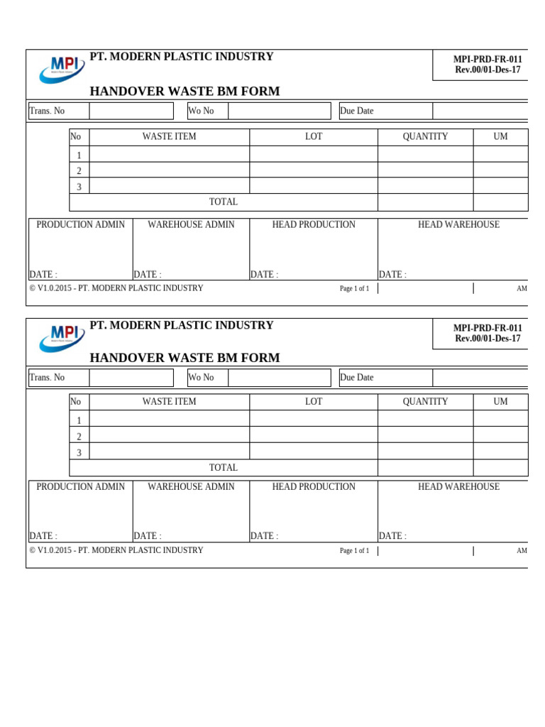 Mpi-Prd-Fr-011 Handover Waste BM Form | PDF | Pollution | Waste