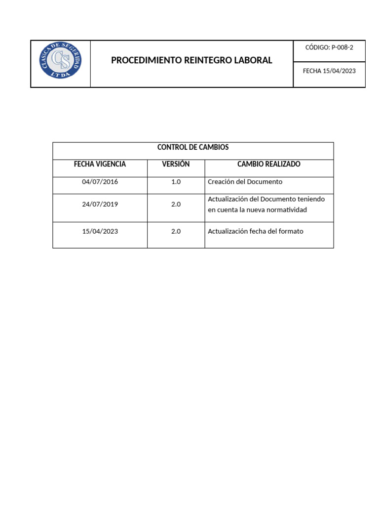 Procedimiento de Reintegro Laboral | PDF | Empleo | Cuidado de la salud