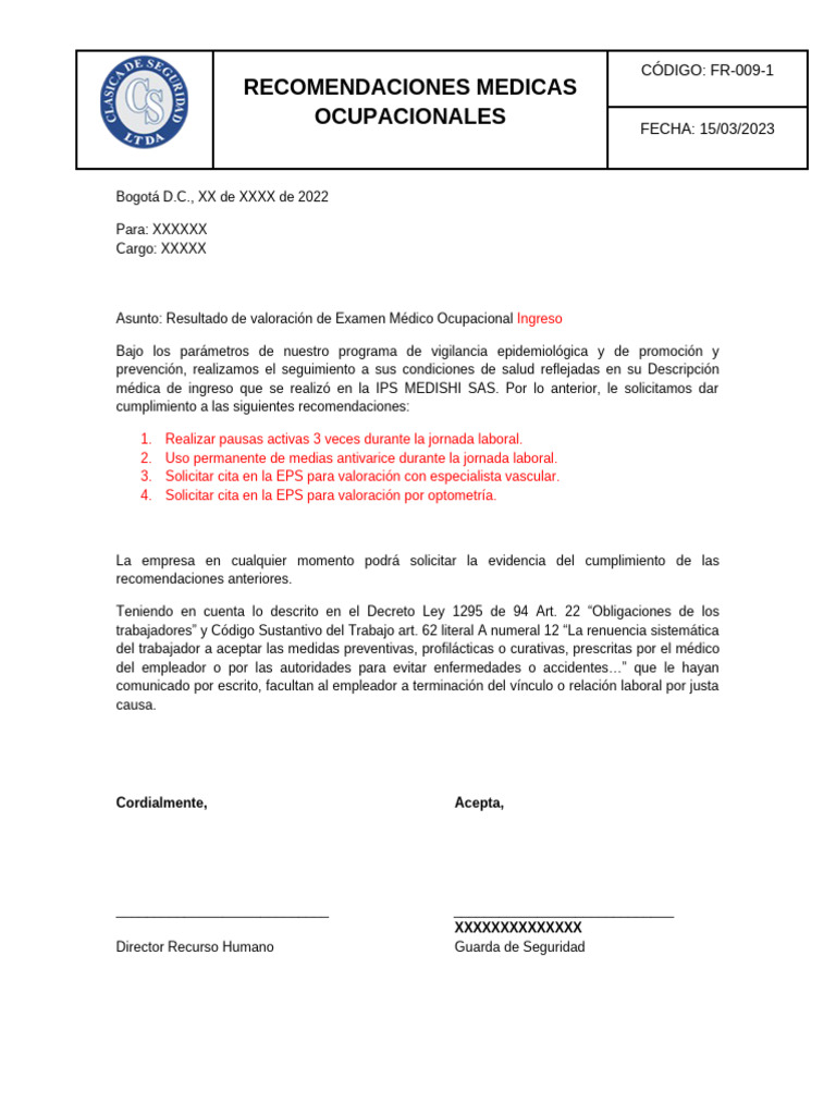 FR-009 Formato de Recomendaciones Medicas Ocupacionales | PDF