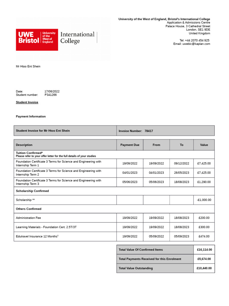 P341266_ENT_SHEIN_Htoo_UWEBIC_StudentInvoice | PDF | Payments | Insurance