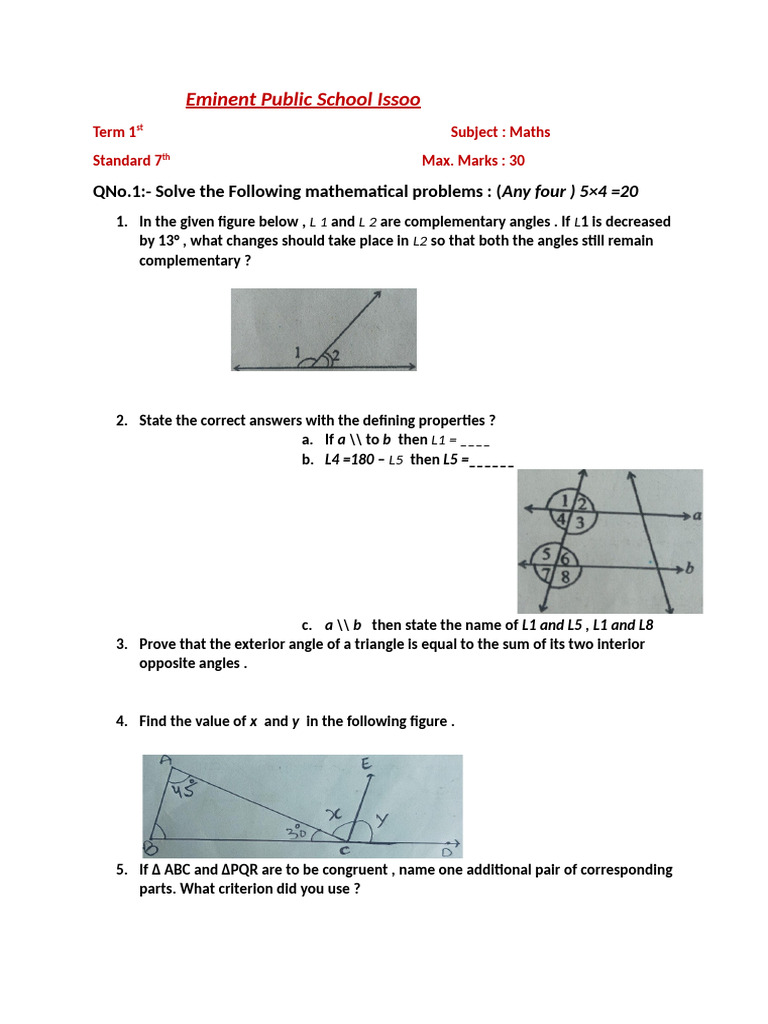 Maths Exam Paper for 7th Grade | PDF