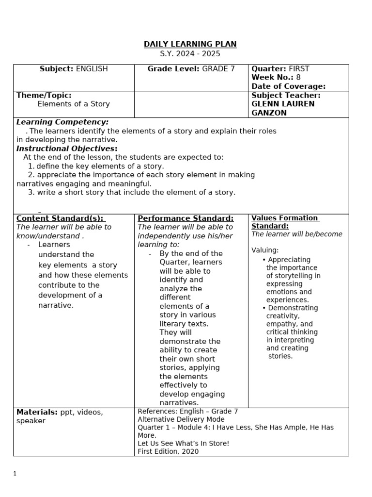 Ganzon, Glenn Lauren T. - Lesson Plan | PDF | Learning | Narrative