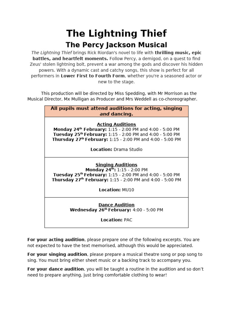 Percy Jackson Musical Audition Info | PDF | Audition | Rick Riordan
