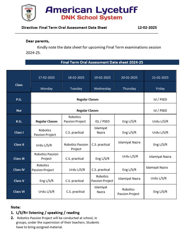 Final Term Oral Assessment Schedule 2025 | PDF