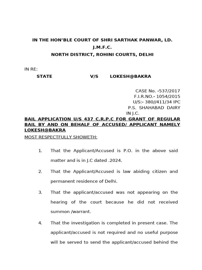 Bail Application Under Section 437 CRPC | PDF | Bail | Legal Action