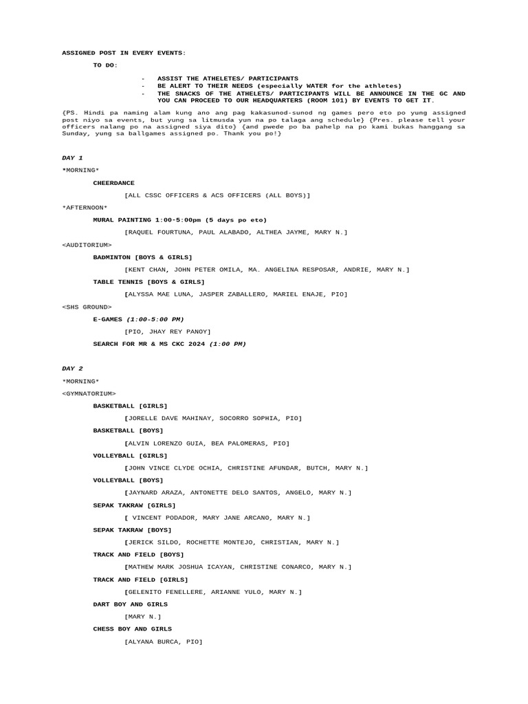 Event Schedule and Responsibilities Guide | PDF