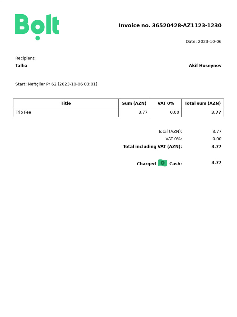Ride Invoice From Bolt Baku | PDF | Business Documents