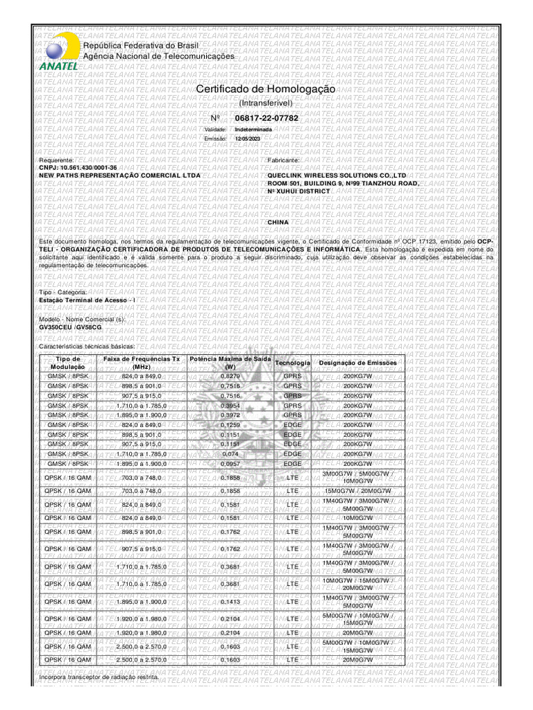 Certificado de Homologação Anatel GV350CEU | PDF | LTE (telecomunicação ...