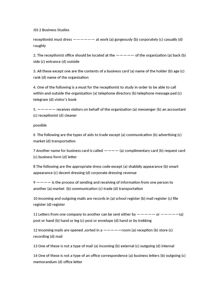 JSS2 Business Studies Exam Questions | PDF | Mail | Banks