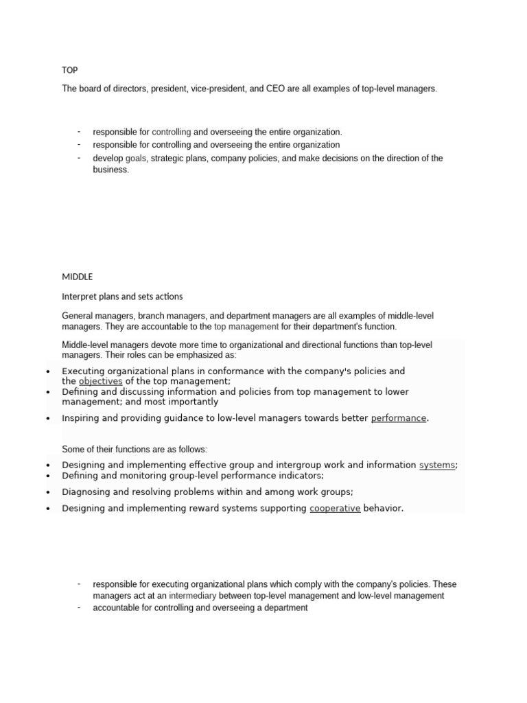 Roles of Various Levels of Managers | PDF | Business | Social Psychology