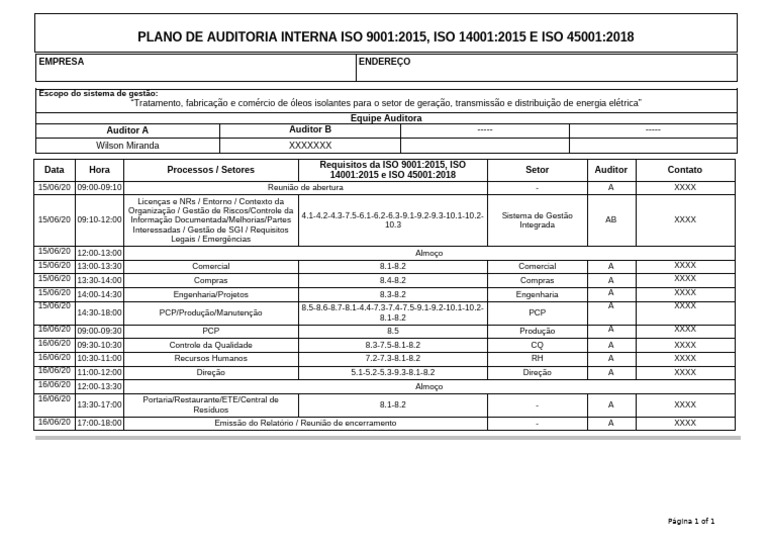 Plano de Auditoria Interna SGI ISO 9001 | PDF | Business
