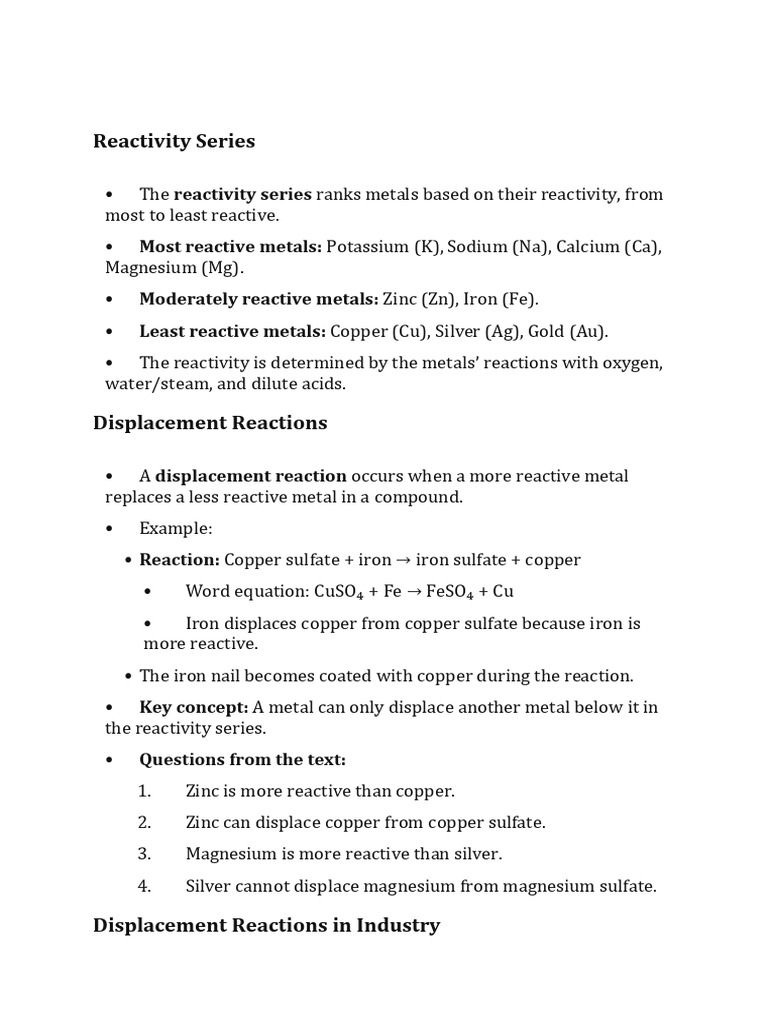 Reactivity Series: Reactivity Series Most Reactive Metals: Moderately ...
